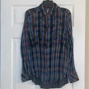 Free People Blue and Brown Plaid Women's Shirt